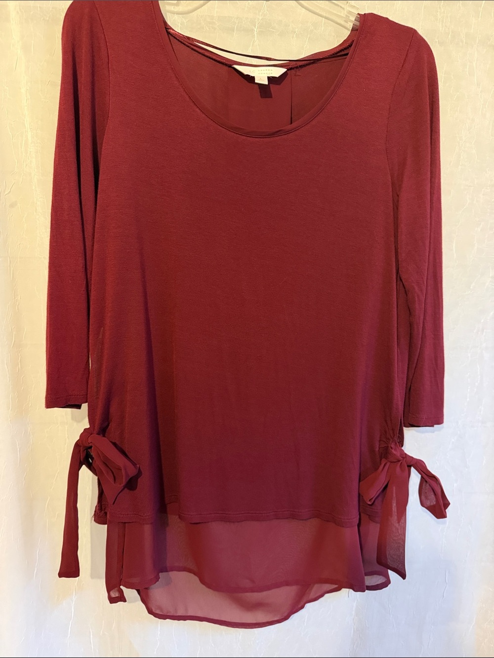 LC Lauren Conrad L Burgundy Rayon Blend Layered Tie-Hem Long Sleeve Top